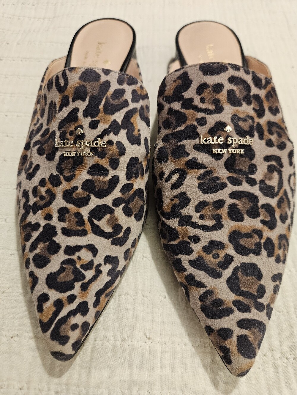 Kate Spade Loretta Gray Leather Suede Leopard Animal Print Pointy Mules 8.5